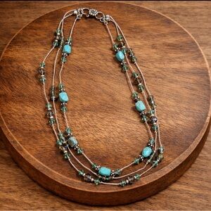 Boho Multi-Strand Turquoise Beaded Necklace w/ Silver Toggle Clasp | Coastal